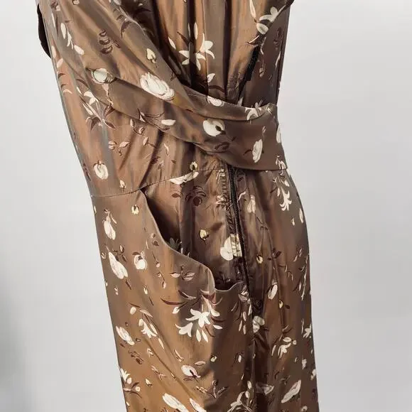 Vintage 40s 50s Floral Satin Sheath Dress V Neck Pockets Cinched Waist Brown 10 - Picture 5 of 12